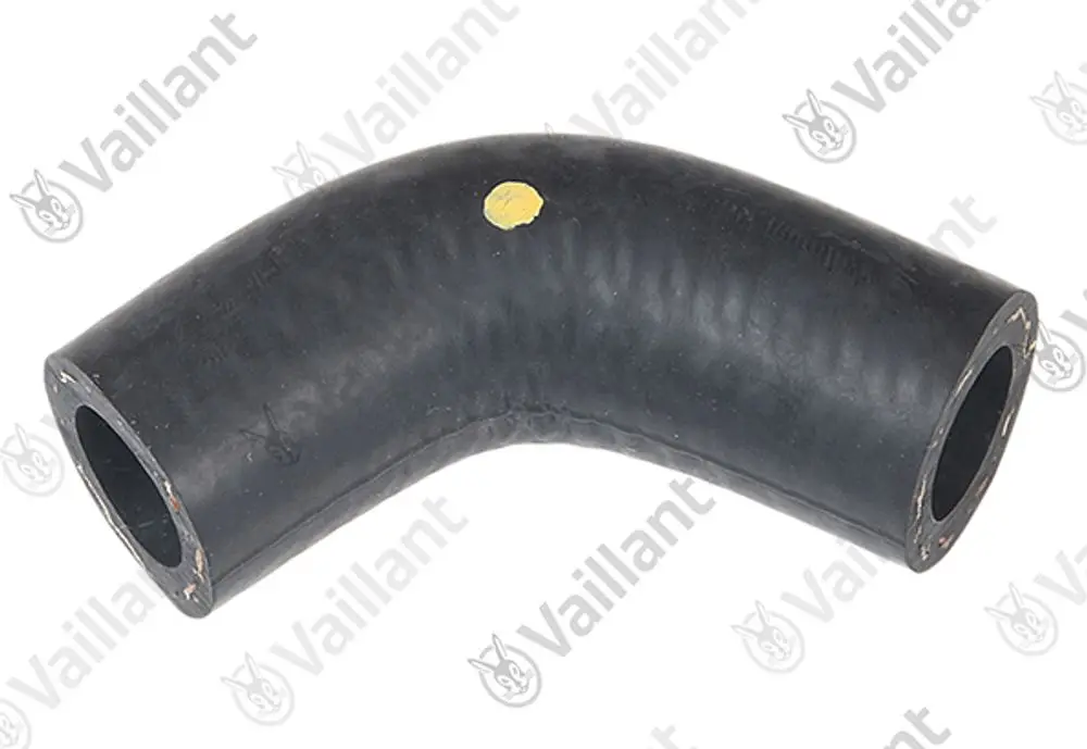 Schwarzer, gebogener Schlauch von Vaillant mit zwei offenen Enden. Die Oberfläche ist glatt, und eine gelbe Markierung ist sichtbar. Ideal für Heizungs- oder Rohrleitungsanwendungen.